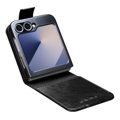 Samsung Galaxy Flip7 FE / Flip6 "QIALINO" klapitav must nahast ümbris | Priedai.lt