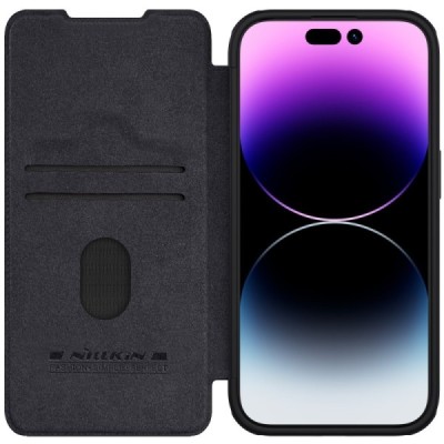 Prabangus „Nillkin“ Qin Pro serijos juodas odinis atverčiamas Apple iPhone 15 Pro Max dėklas | Priedai.lt