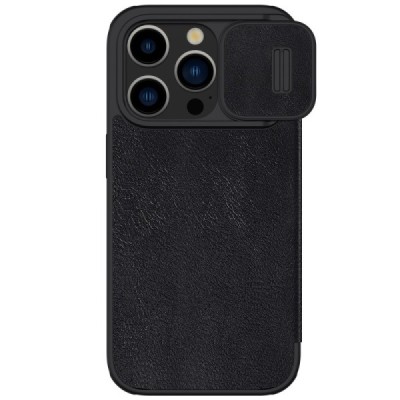 Prabangus „Nillkin“ Qin Pro serijos juodas odinis atverčiamas Apple iPhone 15 Pro Max dėklas | Priedai.lt