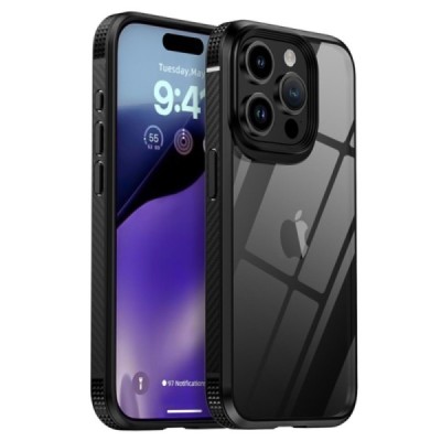 Apple iPhone 15 Pro „IPAKY“ Fiber silikoninis skaidrus permatomas dėklas su juodu rėmeliu | Priedai.lt