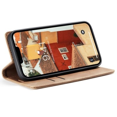 Apple iPhone 15 Pro CaseMe Retro solidus atverčiamas šviesiai rudas odinis dėklas - knygutė | Priedai.lt