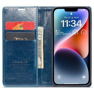 Apple iPhone 15 „CaseMe“ Leather solidus atverčiamas mėlynas odinis dėklas - knygutė | Priedai.lt
