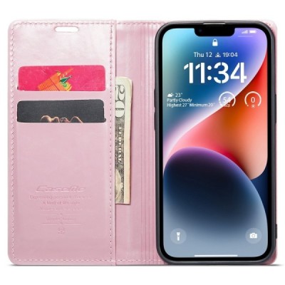 Apple iPhone 15 „CaseMe“ Leather solidus atverčiamas rožinis odinis dėklas - knygutė | Priedai.lt