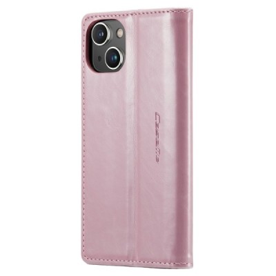 Apple iPhone 15 Plus „CaseMe“ Leather solidus atverčiamas rožinis odinis dėklas - knygutė | Priedai.lt