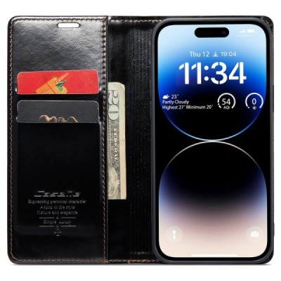 Apple iPhone 15 Pro „CaseMe“ Leather solidus atverčiamas juodas odinis dėklas - knygutė | Priedai.lt