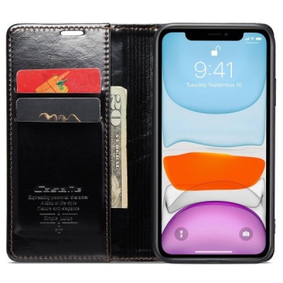 Apple iPhone 11 „CaseMe“ Leather solidus atverčiamas juodas odinis dėklas - knygutė | Priedai.lt