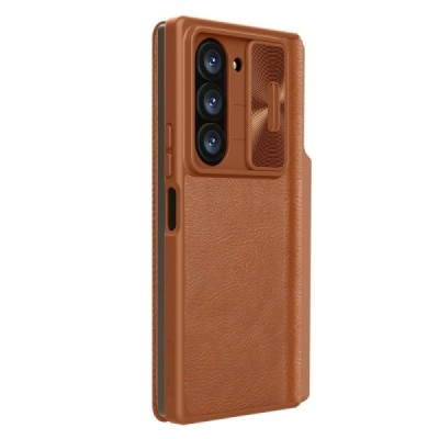 Samsung Galaxy Fold6 5G (SM-F956B) luksuslik Nillkin Qin Pro seeria pruun nahast klappkohver - brošüür | Priedai.lt