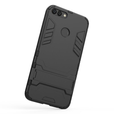 Täiustatud kaitsed „Kickstand“ Huawei P smart 2018 (Enjoy 7S) must kõva silikoon (TPU) ja plastikust korpus | Priedai.lt