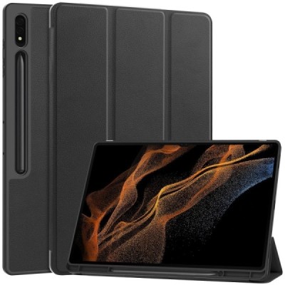 Samsung Galaxy Tab S10 Ultra, S9 Ultra, S8 Ultra ülespööratav must nahast kaaned - märkmik, kus on koht pliiatsi jaoks | Priedai