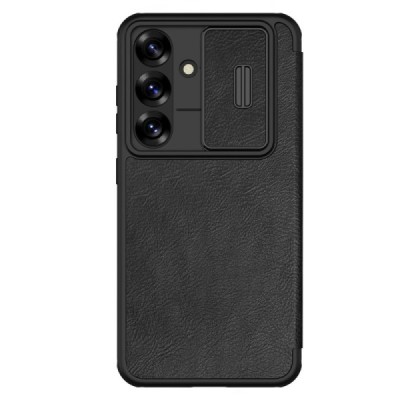 Prabangus „Nillkin“ Qin Pro serijos juodas odinis atverčiamas Samsung Galaxy S25+ dėklas | Priedai.lt