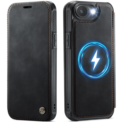 „CaseMe“ MagSafe Leather klapiga ümbris - must (iPhone 17e / 16e)