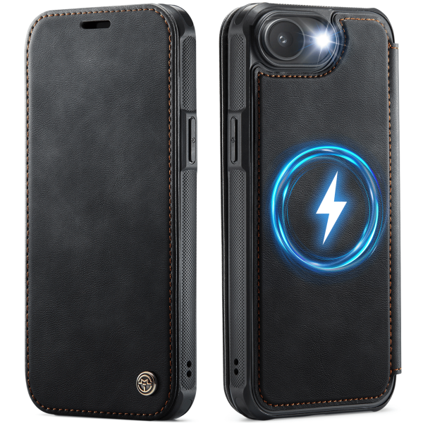 „CaseMe“ MagSafe Leather klapiga ümbris - must (iPhone 17e / 16e)