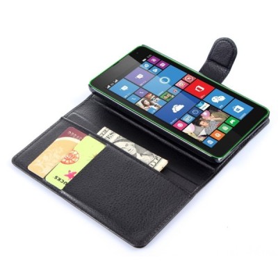 Microsoft Lumia 535 atverčiamas juodas odinis Litchi dėklas - piniginė / Priedai.lt