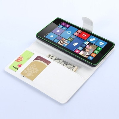Microsoft Lumia 535 atverčiamas baltas odinis Litchi dėklas - piniginė / Priedai.lt