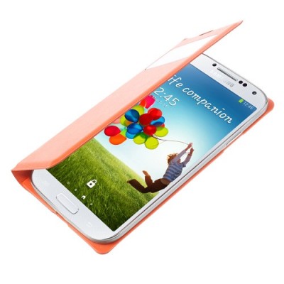 Samsung Galaxy S4 oranžinis odinis atverčiamas „Smart Window“ dėklas su langeliu / Priedai.lt