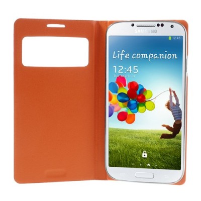 Samsung Galaxy S4 oranžinis odinis atverčiamas „Smart Window“ dėklas su langeliu / Priedai.lt