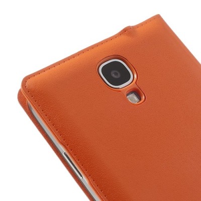 Samsung Galaxy S4 oranžinis odinis atverčiamas „Smart Window“ dėklas su langeliu / Priedai.lt