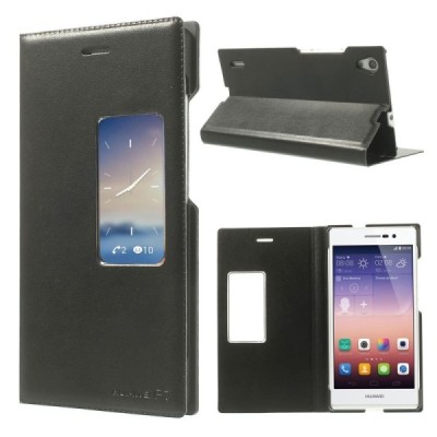 Huawei Ascend P7 juodas odinis atverčiamas „Smart Window“ dėklas su langeliu / Priedai.lt