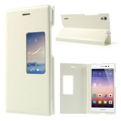 Huawei Ascend P7 baltas odinis atverčiamas „Smart Window“ dėklas su langeliu / Priedai.lt