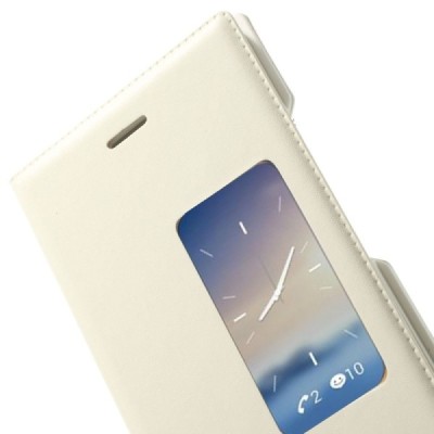 Huawei Ascend P7 baltas odinis atverčiamas „Smart Window“ dėklas su langeliu / Priedai.lt