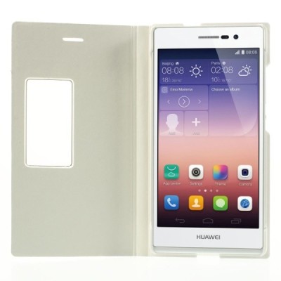 Huawei Ascend P7 baltas odinis atverčiamas „Smart Window“ dėklas su langeliu / Priedai.lt