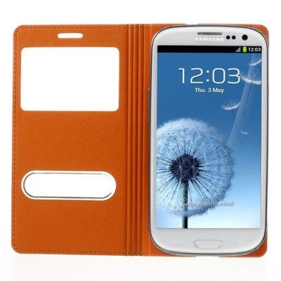 Samsung Galaxy S3 view window atverčiamas oranžinis dėklas / Priedai.lt