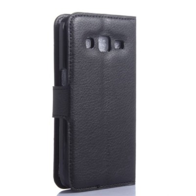 Samsung Galaxy Core Prime (G360) atverčiamas juodas odinis Litchi dėklas - piniginė / Priedai.lt