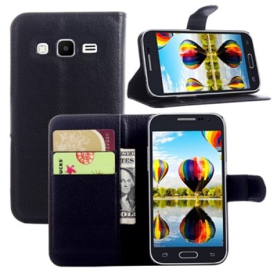 Samsung Galaxy Core Prime (G360) atverčiamas juodas odinis Litchi dėklas - piniginė / Priedai.lt