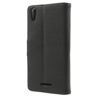 Sony Xperia T3 atverčiamas juodas odinis Litchi dėklas - piniginė / Priedai.lt