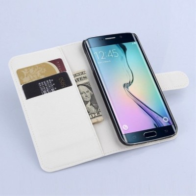 Samsung Galaxy S6 Edge (G925) atverčiamas baltas odinis Litchi dėklas - piniginė / Priedai.lt