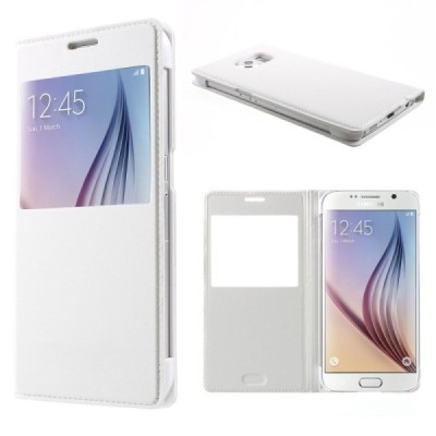 Samsung Galaxy S6 (G920) baltas odinis atverčiamas dėklas su langeliu / Priedai.lt