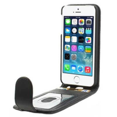 Klasikinis atverčiamas juodas odinis (dibtinės) Apple iPhone SE (5, 5s) dėklas (dėkliukas) / Priedai.lt
