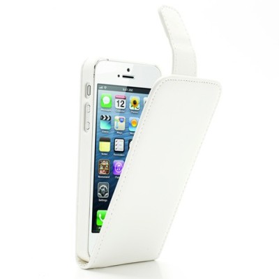 Klasikinis atverčiamas baltas odinis (dibtinės) Apple iPhone SE (5, 5s) dėklas (dėkliukas) / Priedai.lt