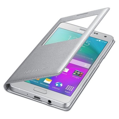 Samsung Galaxy A5 S View Cover atverčiamas sidabrinis odinis dėklas / Priedai.lt