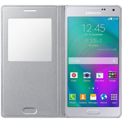 Samsung Galaxy A5 S View Cover atverčiamas sidabrinis odinis dėklas / Priedai.lt
