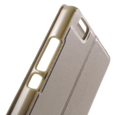 Huawei P8 Lite auksinis odinis atverčiamas „Smart Window“ dėklas su langeliu / Priedai.lt
