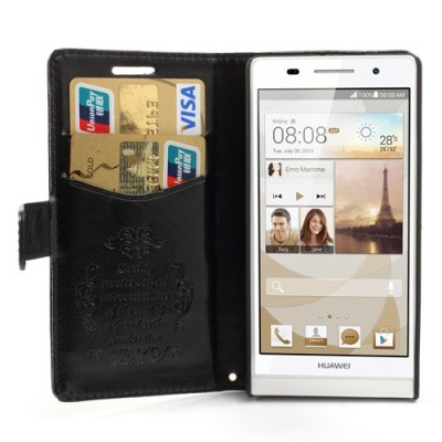 Odinis atverčiamas juodas Huawei Ascend P6 dėklas (piniginė) / Priedai.lt