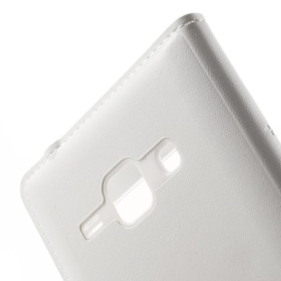 Samsung Galaxy J1 baltas odinis atverčiamas „Smart Window“ dėklas su langeliu / Priedai.lt