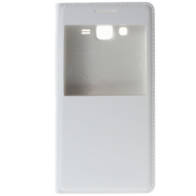 Samsung Galaxy Grand Prime (G530) baltas odinis atverčiamas „Smart Window“ dėklas su langeliu / Priedai.lt