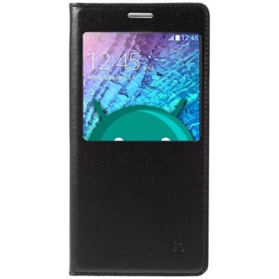 Samsung Galaxy J5 juodas odinis atverčiamas dėklas su langeliu / Priedai.lt