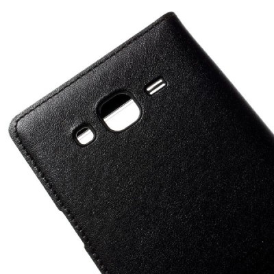 Samsung Galaxy J5 juodas odinis atverčiamas dėklas su langeliu / Priedai.lt