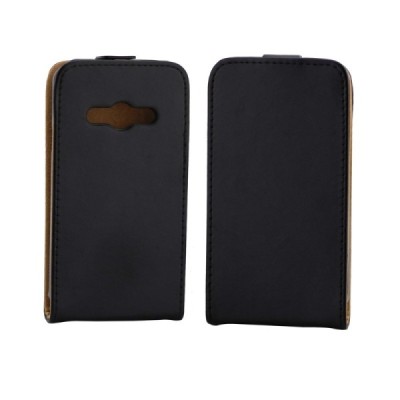 Samsung Galaxy Xcover 3 (G388) klasikinis vertikaliai atverčiamas juodas odinis dėklas / Priedai.lt