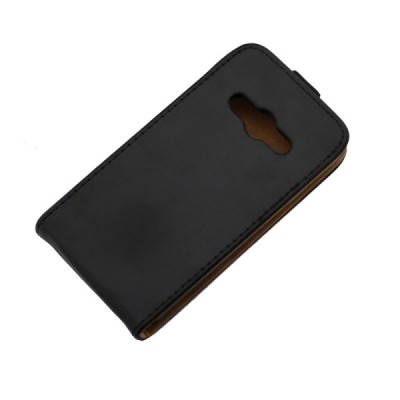 Samsung Galaxy Xcover 3 (G388) klasikinis vertikaliai atverčiamas juodas odinis dėklas / Priedai.lt