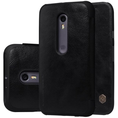 Prabangus „Nillkin“ Qin serijos juodas odinis atverčiamas Motorola Moto G 3 kartos (Gen 3) dėklas / Priedai.lt