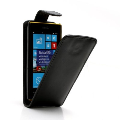 Juodas odinis atverčiamas Nokia Lumia 520 dėklas (dėkliukas) / Priedai.lt