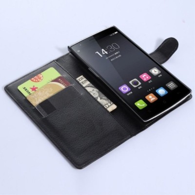 OnePlus One atverčiamas juodas odinis Litchi dėklas - piniginė / Priedai.lt