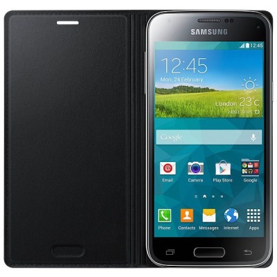 Samsung Galaxy S5 mini (G800) originalus Flip Cover atverčiamas juodas odinis dėklas - piniginė / Priedai.lt