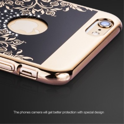 Apple iPhone 6 (6s) JOYROOM Flower plastikinis juodas (auksiniais apvadais) dėklas su kristalais / Priedai.lt