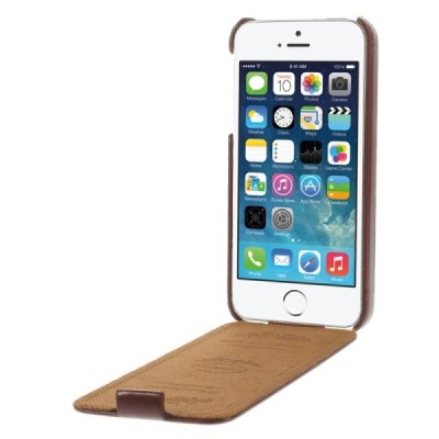 Apple iPhone SE (5, 5s) vertikaliai (žemyn, į apačią) atverčiamas klasikinis rudas dėklas / Priedai.lt