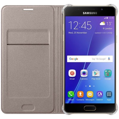 Samsung Galaxy A5 (2016) A510 originalus Flip Wallet Cover atverčiamas auksinis odinis dėklas - piniginė / Priedai.lt